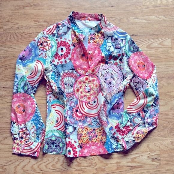 Boho bright blouse 3/4 button down size M - Picture 6 of 6